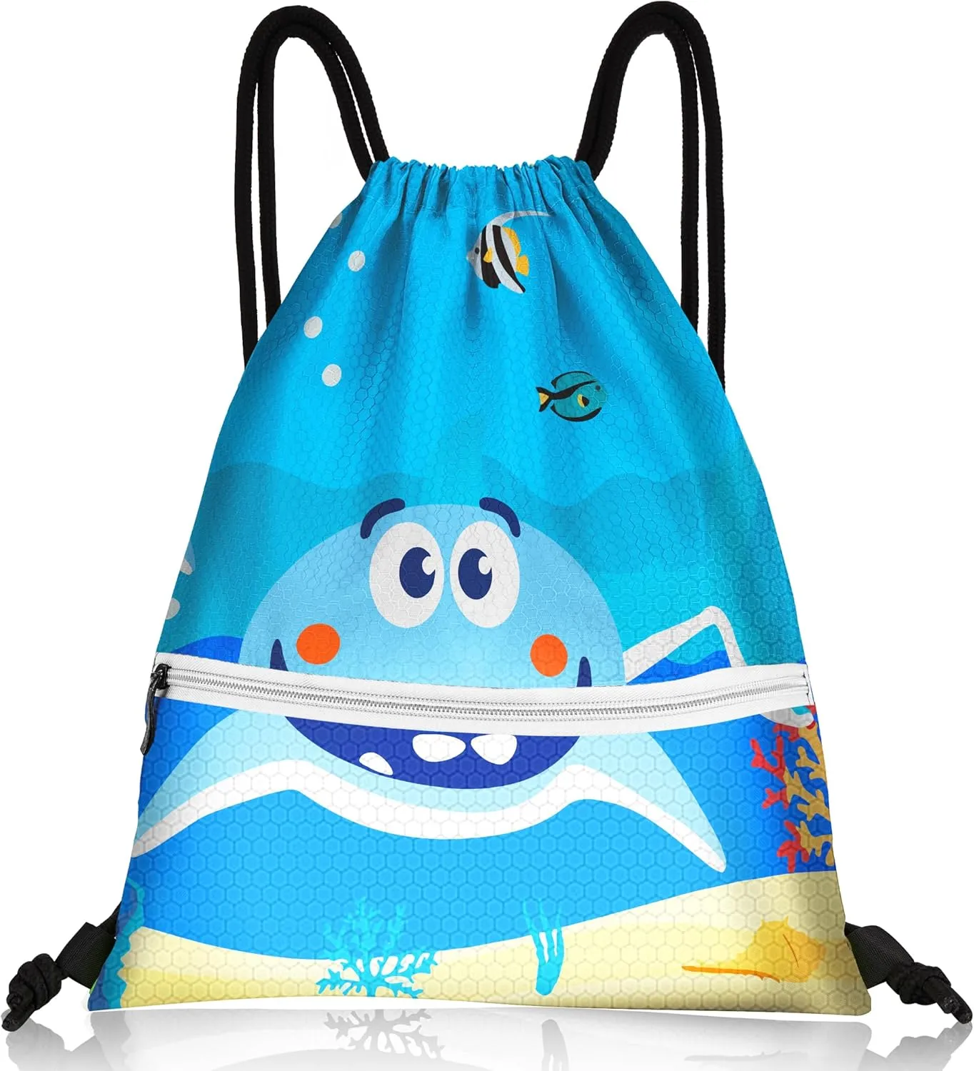 Slohif Drawstring Backpack Beach Swim Bag for Kids Draw String Dance Travel Cinch Ballet Gym Bags for Girls Boys Big Shark Waterproof Backpack for Swimming Summer Camp Pool Sports Nylon Large