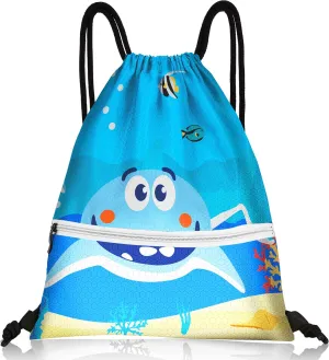 Slohif Drawstring Backpack Beach Swim Bag for Kids Draw String Dance Travel Cinch Ballet Gym Bags for Girls Boys Big Shark Waterproof Backpack for Swimming Summer Camp Pool Sports Nylon Large