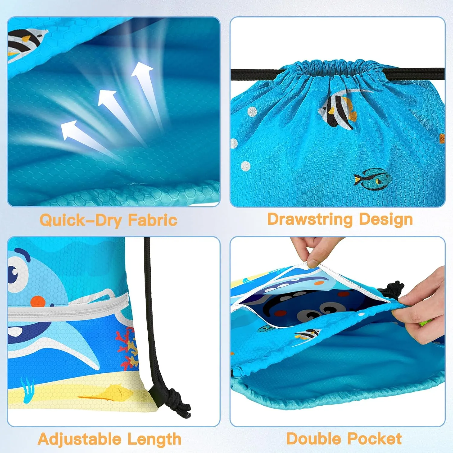 Slohif Drawstring Backpack Beach Swim Bag for Kids Draw String Dance Travel Cinch Ballet Gym Bags for Girls Boys Big Shark Waterproof Backpack for Swimming Summer Camp Pool Sports Nylon Large
