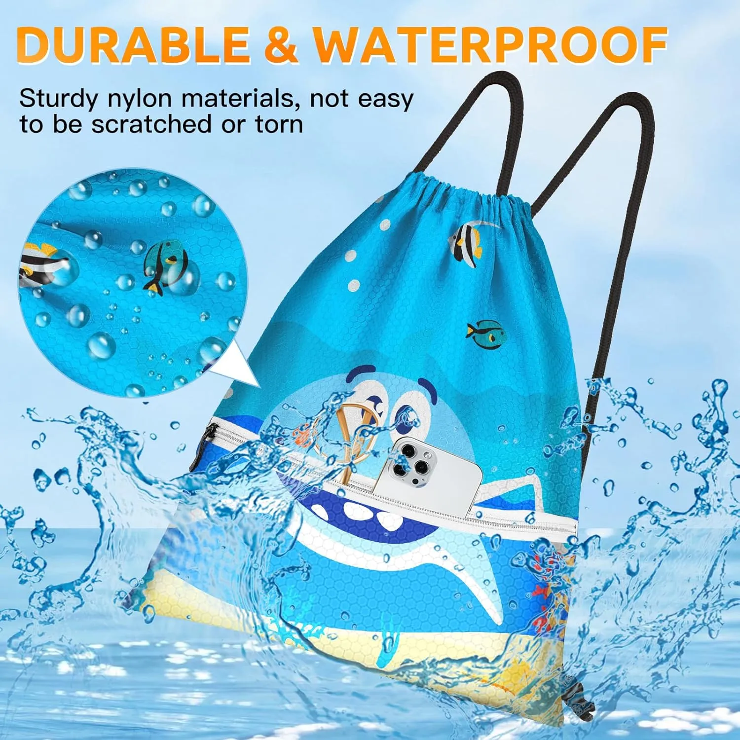 Slohif Drawstring Backpack Beach Swim Bag for Kids Draw String Dance Travel Cinch Ballet Gym Bags for Girls Boys Big Shark Waterproof Backpack for Swimming Summer Camp Pool Sports Nylon Large