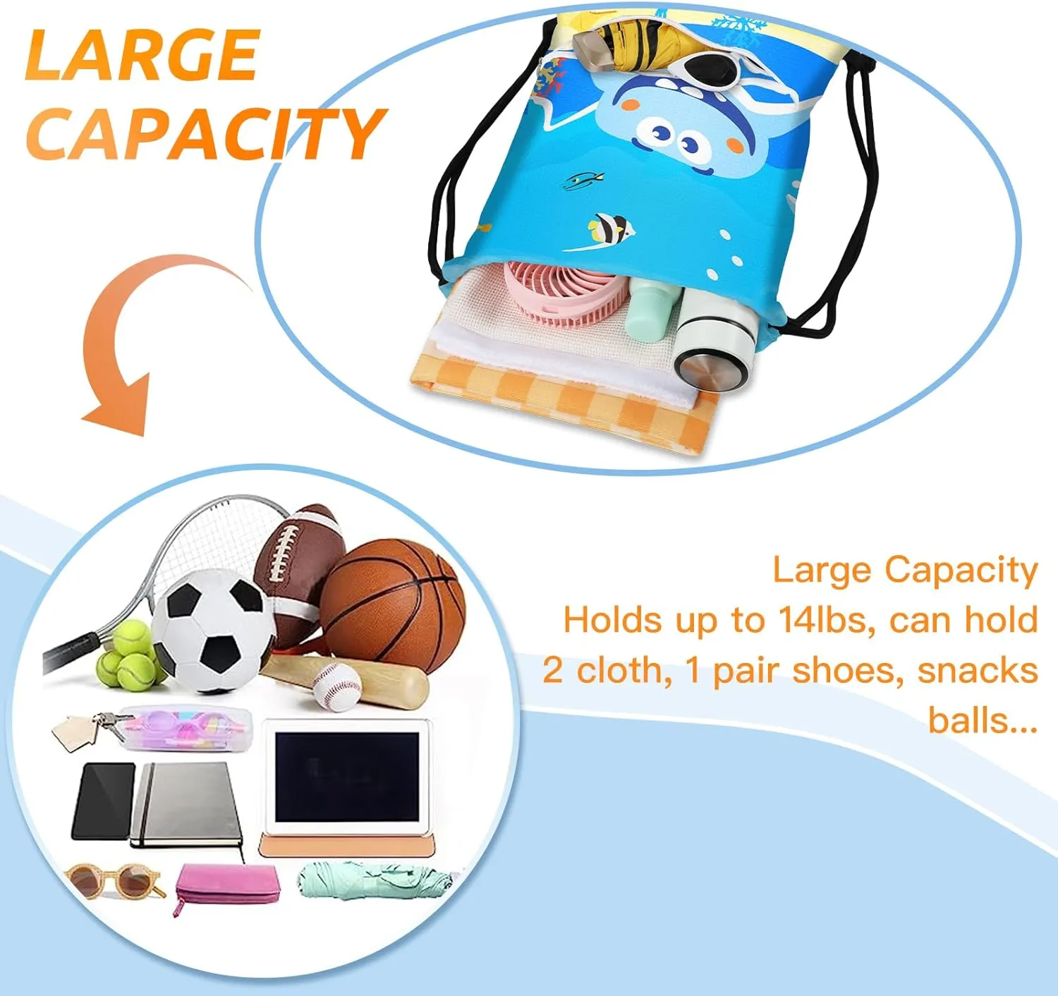 Slohif Drawstring Backpack Beach Swim Bag for Kids Draw String Dance Travel Cinch Ballet Gym Bags for Girls Boys Big Shark Waterproof Backpack for Swimming Summer Camp Pool Sports Nylon Large