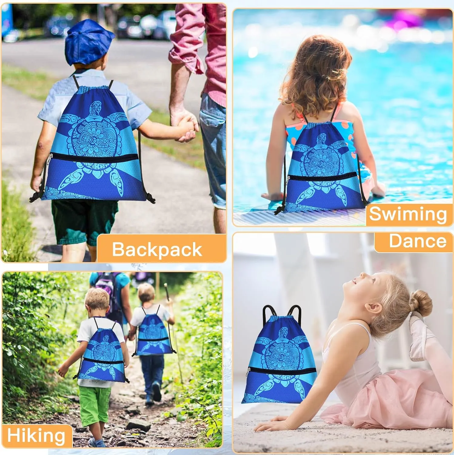 Slohif Drawstring Backpack Beach Swim Bag for Kids Draw String Dance Travel Cinch Ballet Gym Bags for Girls Boys Cute Turtle Waterproof Backpack for Swimming Summer Camp Pool Sports Nylon Large