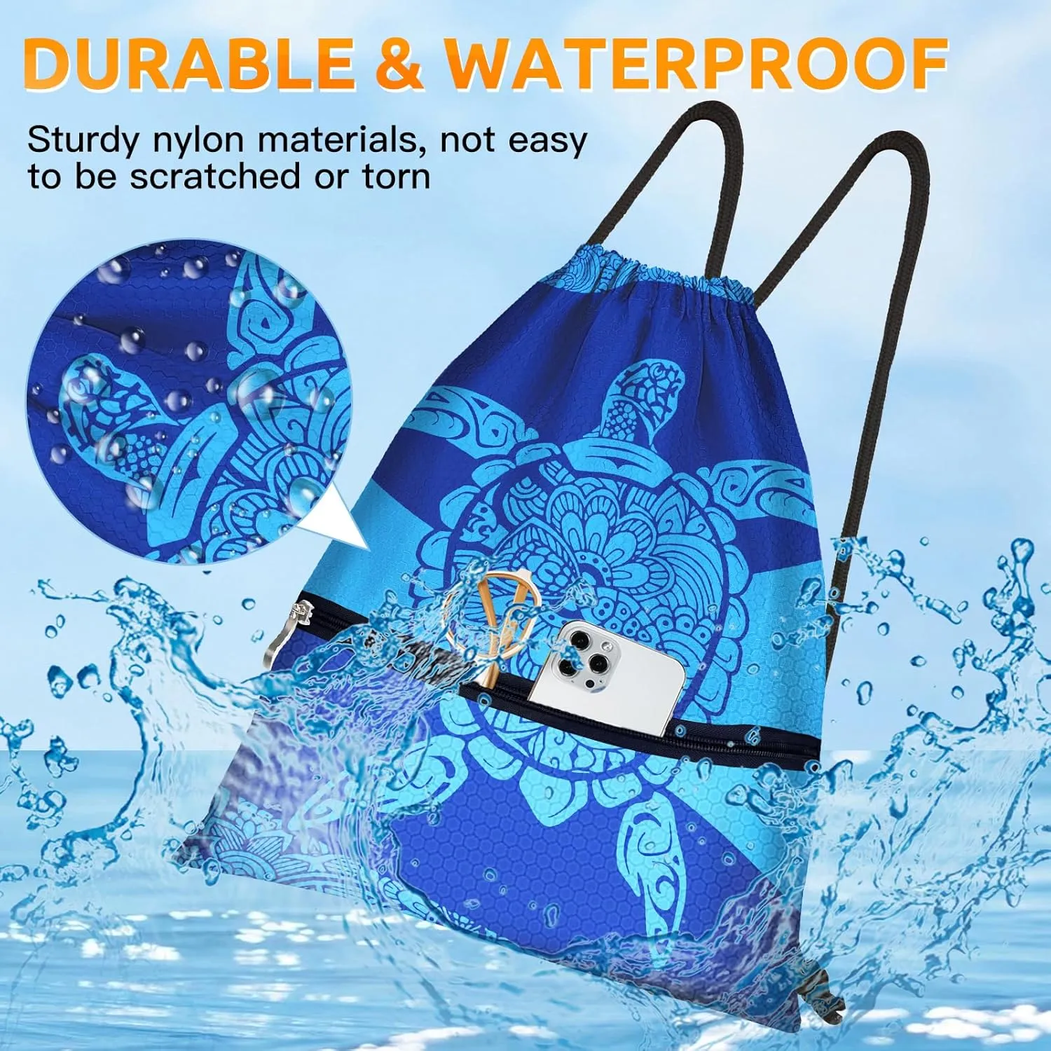 Slohif Drawstring Backpack Beach Swim Bag for Kids Draw String Dance Travel Cinch Ballet Gym Bags for Girls Boys Cute Turtle Waterproof Backpack for Swimming Summer Camp Pool Sports Nylon Large