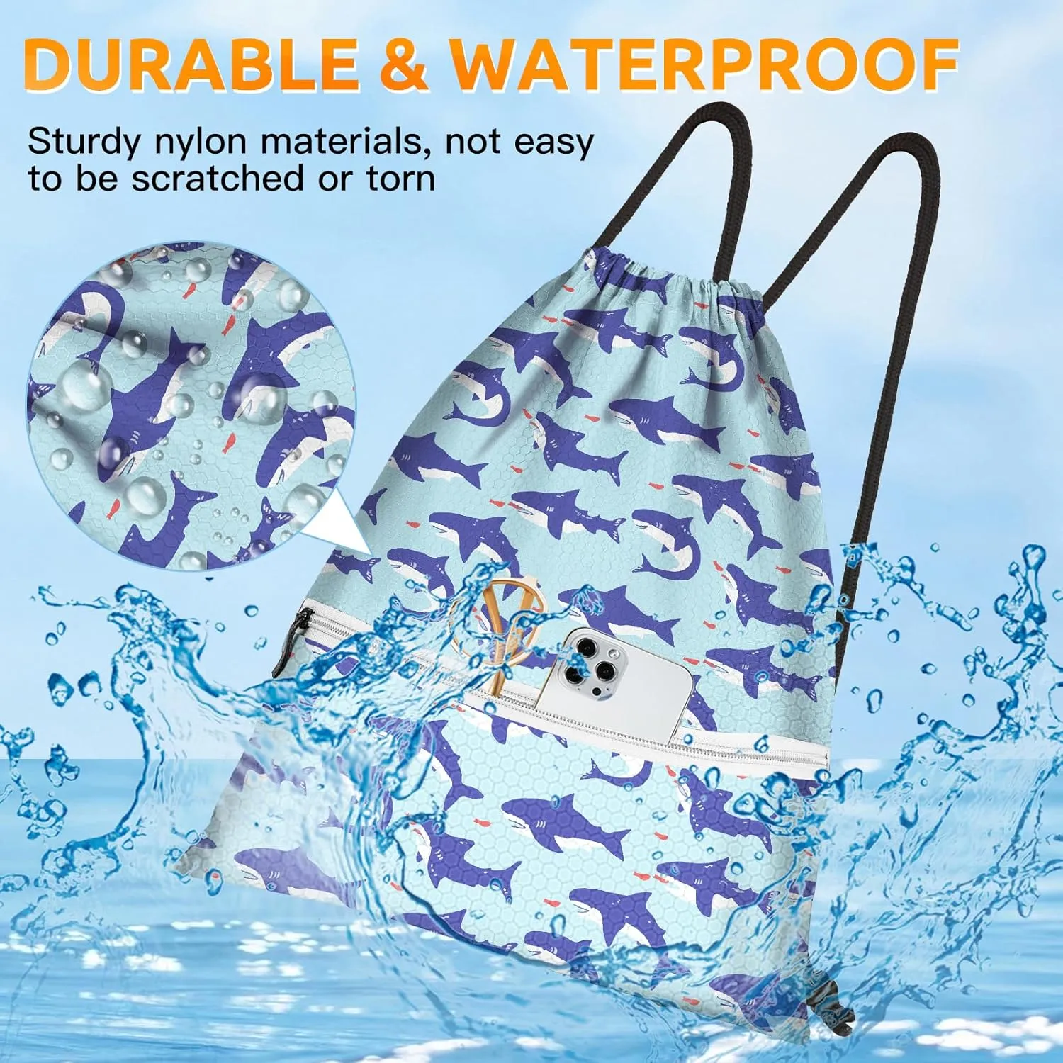 Slohif Drawstring Backpack Beach Swim Bag for Kids Little Sharks Draw String Dance Travel Cinch Ballet Gym Bags for Girls Boys Waterproof Backpack for Swimming Summer Camp Pool Sports Nylon Large