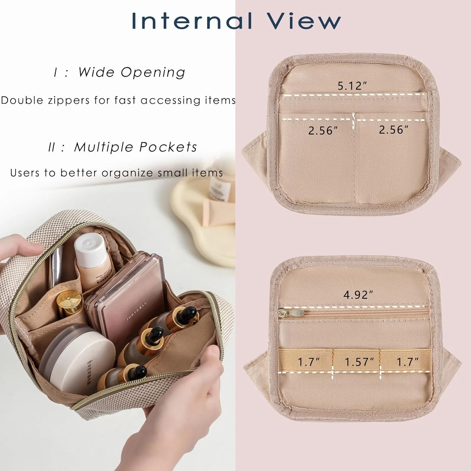 Small Canvas Makeup Bag with Compartments for Purse, Wide-open Makeup Pouch with Zipper and Keychain, Key Pocket Lipstick Bag Travel Organizer Bag (03Light Blue)