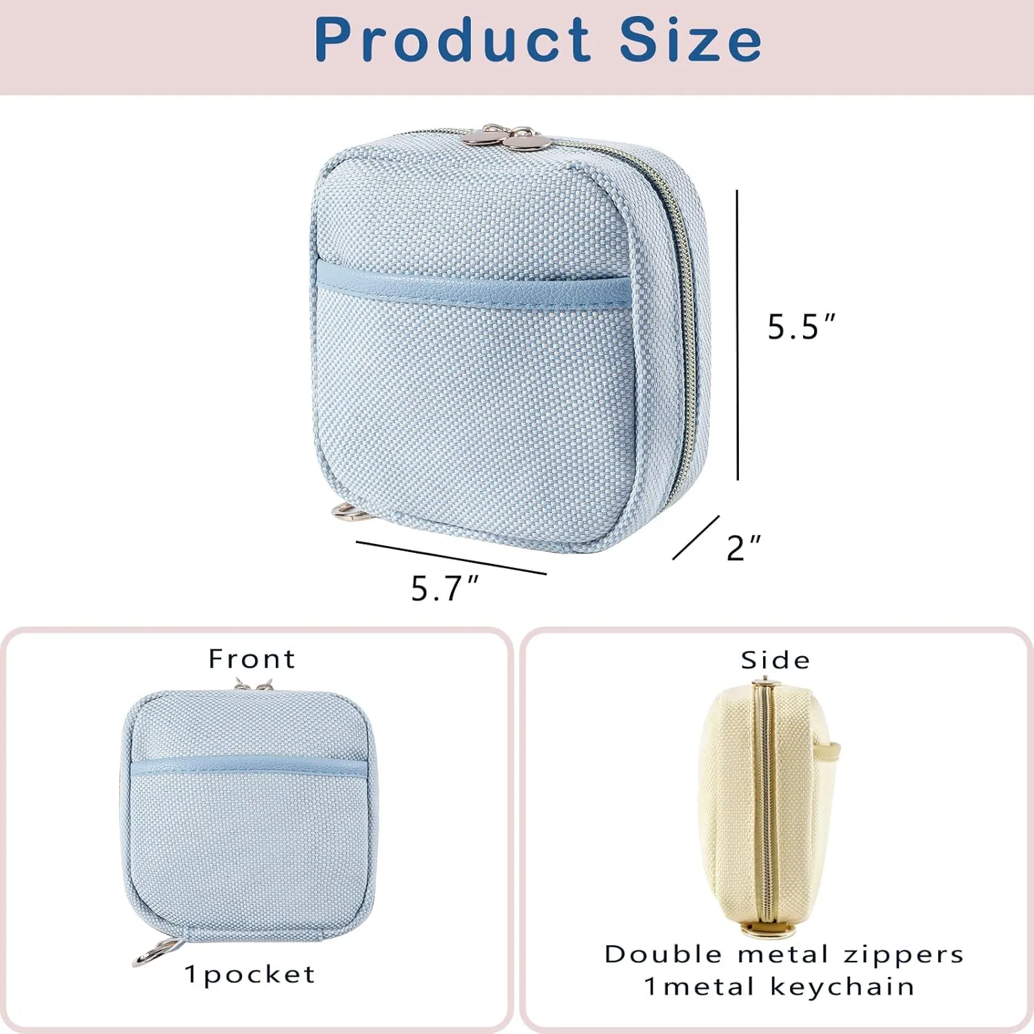 Small Canvas Makeup Bag with Compartments for Purse, Wide-open Makeup Pouch with Zipper and Keychain, Key Pocket Lipstick Bag Travel Organizer Bag (03Light Blue)