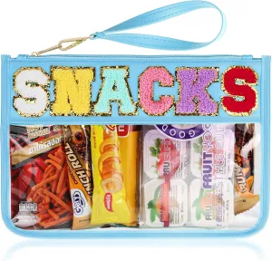 Snack Bag for Travel - Clear Chenille Varsity Letter Flat Pouch with Zipper, Waterproof Clear Nylon Preppy Patch Makeup Cosmetic tote Bags for Women Girls