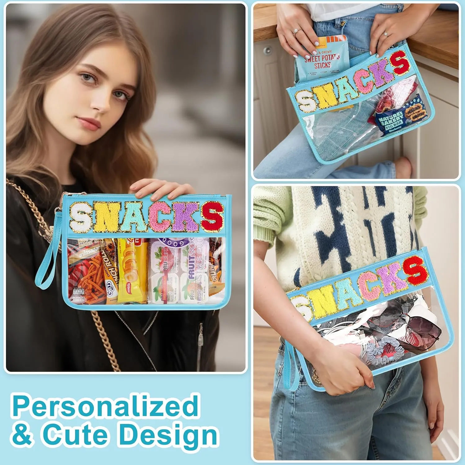 Snack Bag for Travel - Clear Chenille Varsity Letter Flat Pouch with Zipper, Waterproof Clear Nylon Preppy Patch Makeup Cosmetic tote Bags for Women Girls