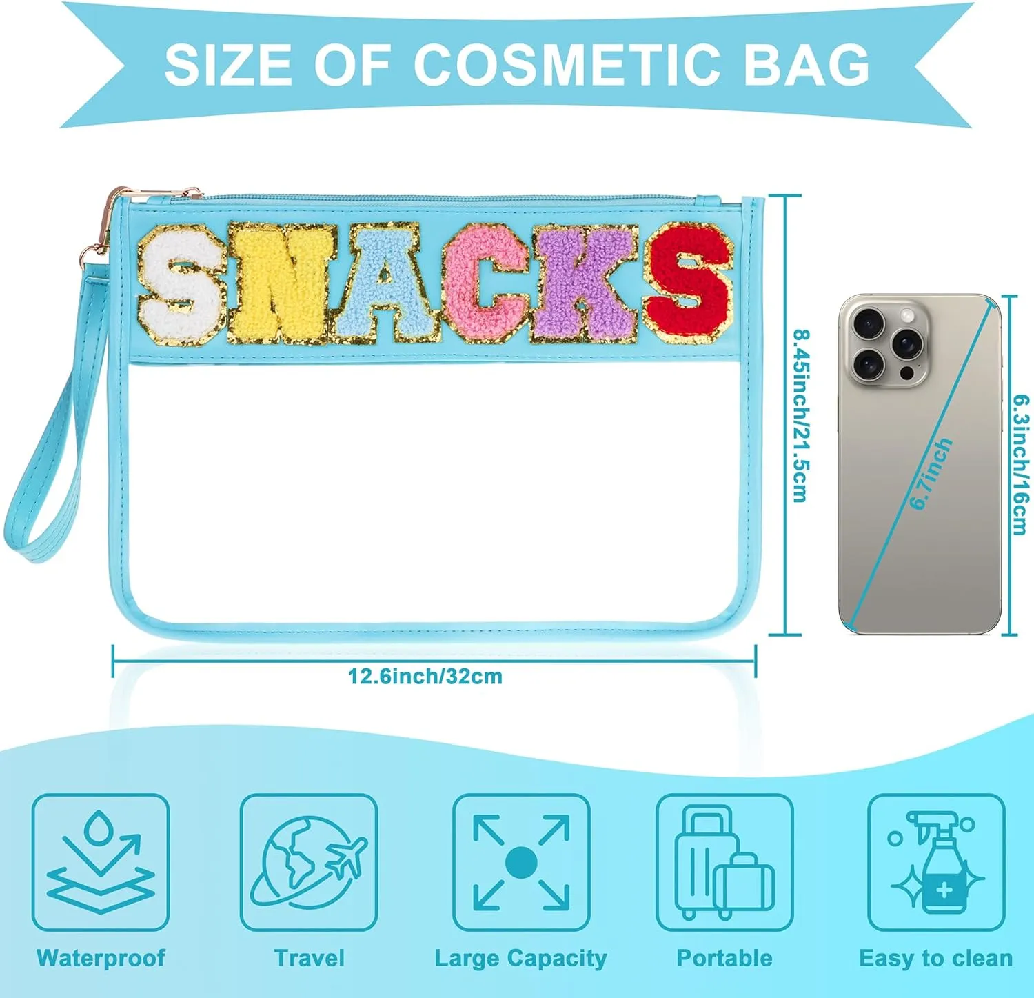 Snack Bag for Travel - Clear Chenille Varsity Letter Flat Pouch with Zipper, Waterproof Clear Nylon Preppy Patch Makeup Cosmetic tote Bags for Women Girls