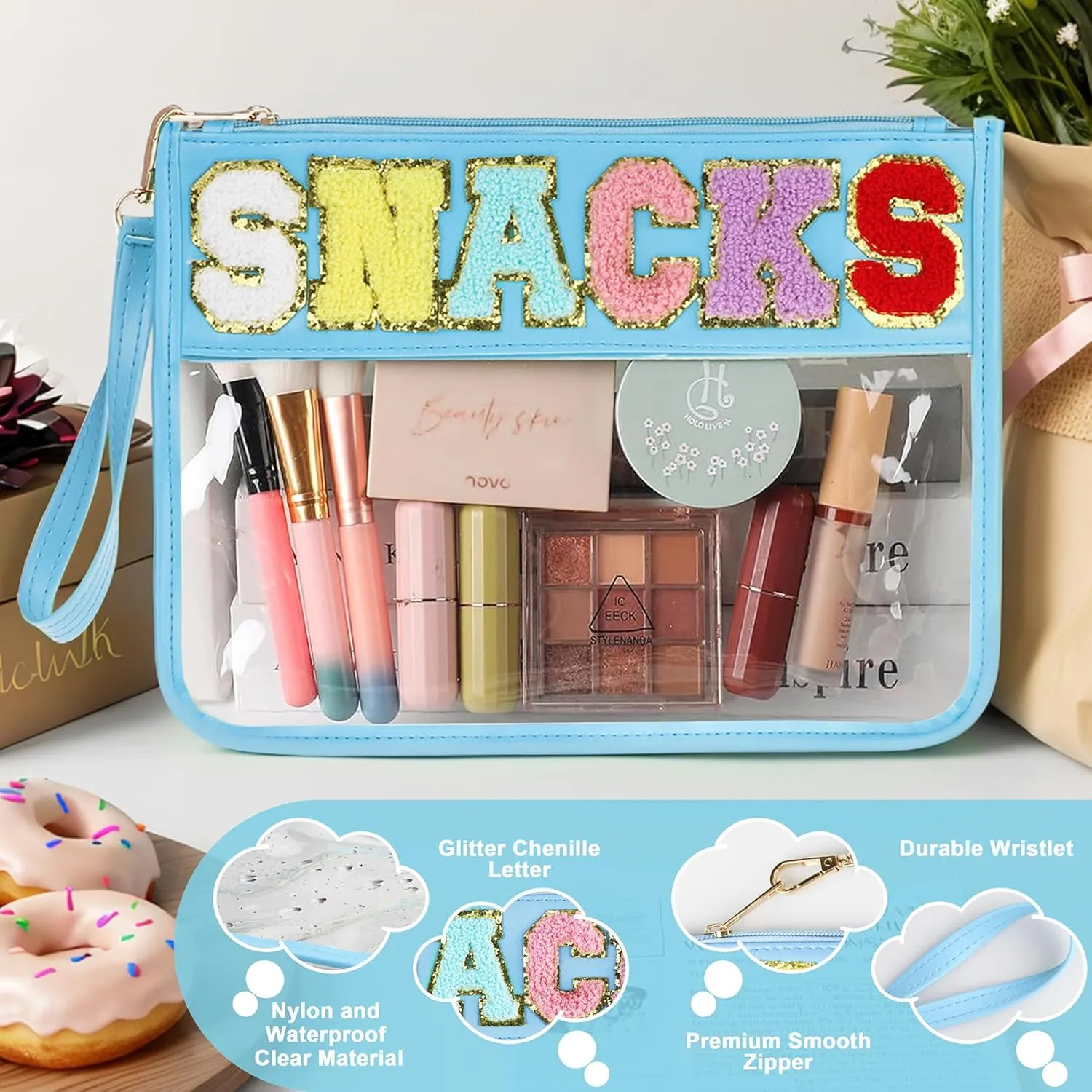 Snack Bag for Travel - Clear Chenille Varsity Letter Flat Pouch with Zipper, Waterproof Clear Nylon Preppy Patch Makeup Cosmetic tote Bags for Women Girls