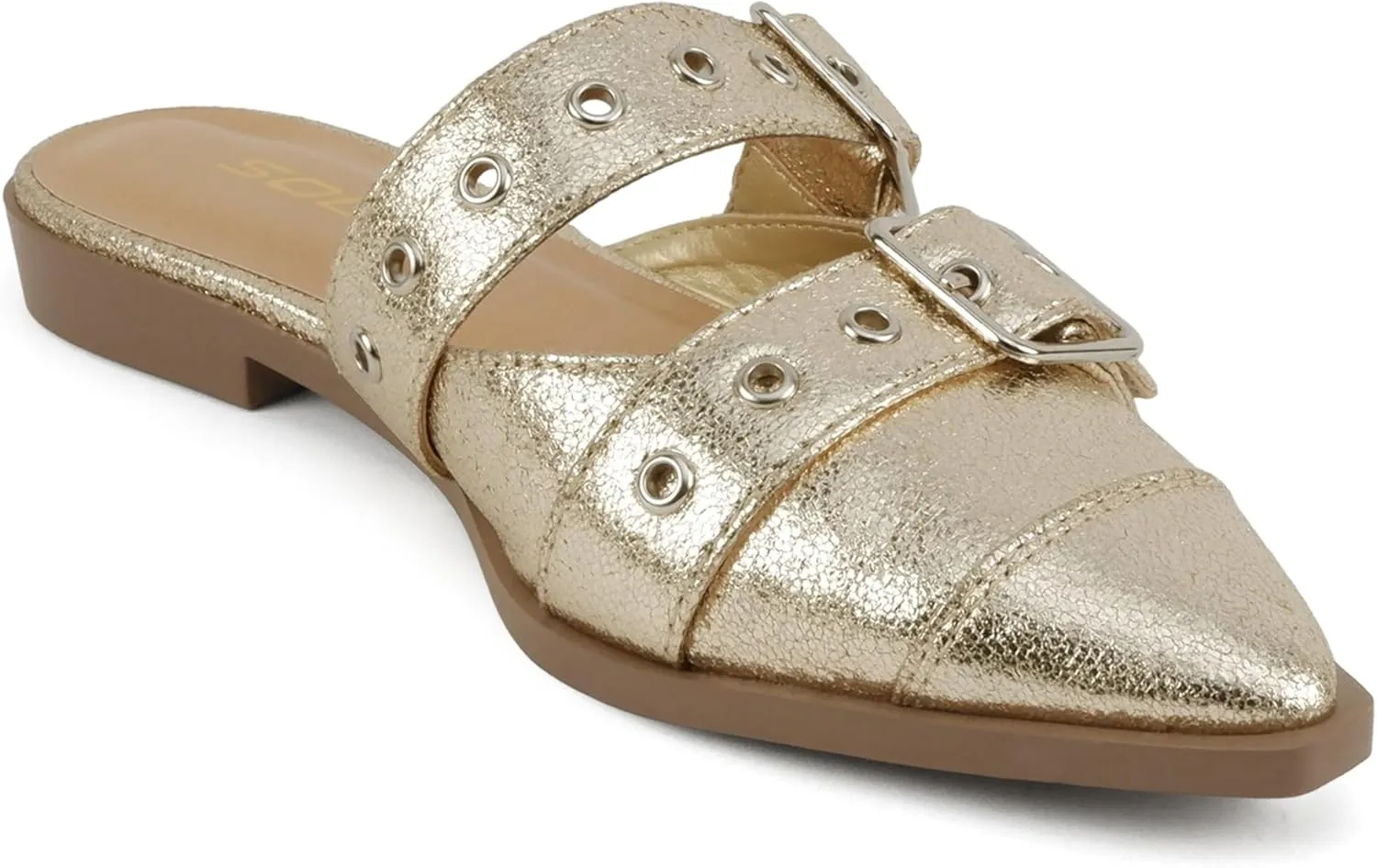 Soda Usual ~ Women Pointed Toe Slip-On Low Heel Mule with Buckle Straps