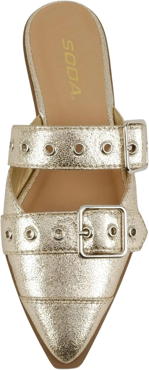 Soda Usual ~ Women Pointed Toe Slip-On Low Heel Mule with Buckle Straps