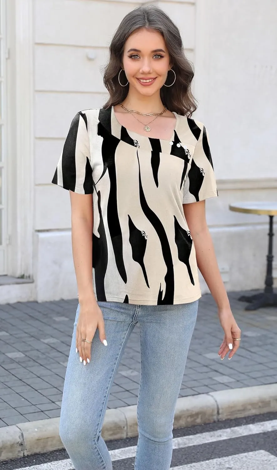 Soesdemo Womens Summer Tops Asymmetrical Neck Short Sleeve Button Dressy Casual Lightweight Tunic T Shirts Blouse