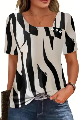 Soesdemo Womens Summer Tops Asymmetrical Neck Short Sleeve Button Dressy Casual Lightweight Tunic T Shirts Blouse
