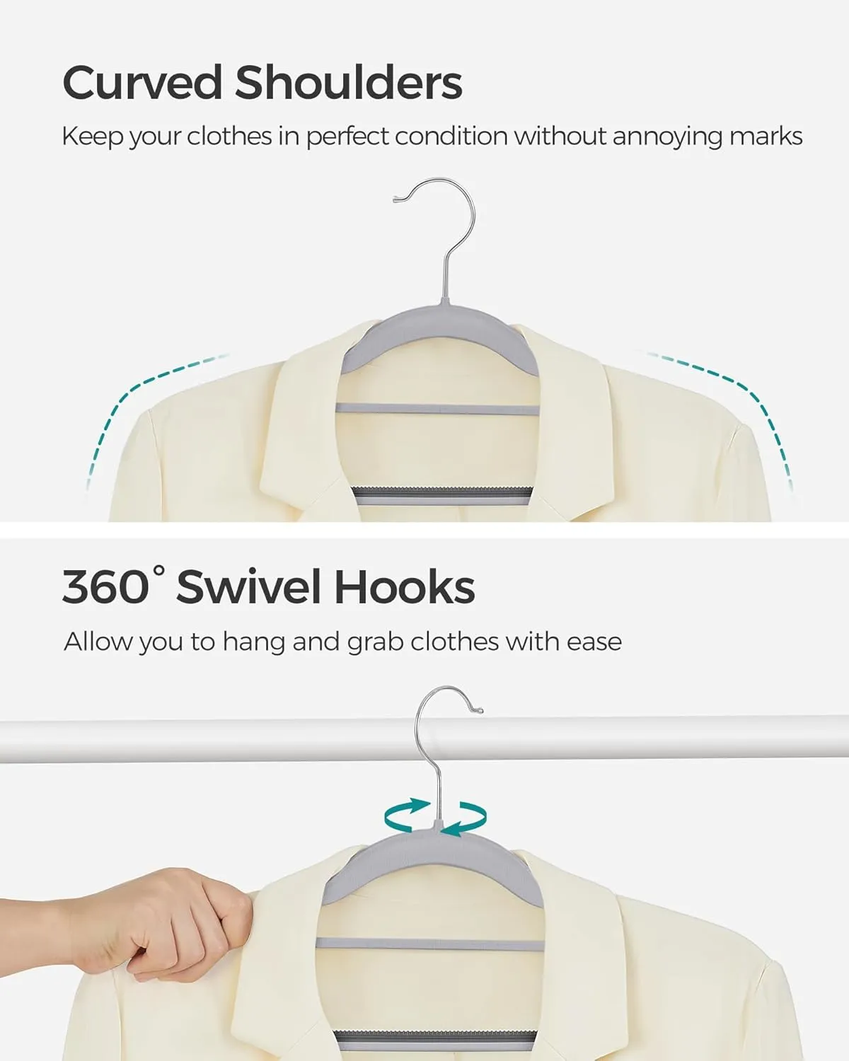 SONGMICS Pack of 30 Coat Hangers, Space-Saving Plastic Clothes Hangers, Non-Slip, 0.2 Inches Slim, 16.5 Inches Wide, 360° Swivel Silver Hook, Light and Dark Gray UCRP20G30