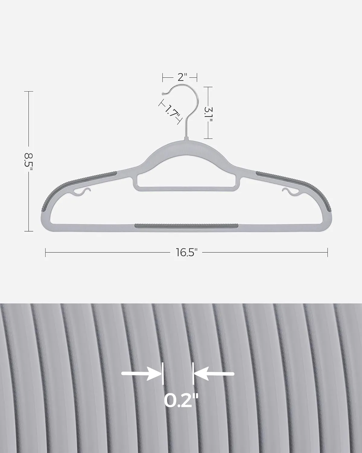 SONGMICS Pack of 30 Coat Hangers, Space-Saving Plastic Clothes Hangers, Non-Slip, 0.2 Inches Slim, 16.5 Inches Wide, 360° Swivel Silver Hook, Light and Dark Gray UCRP20G30