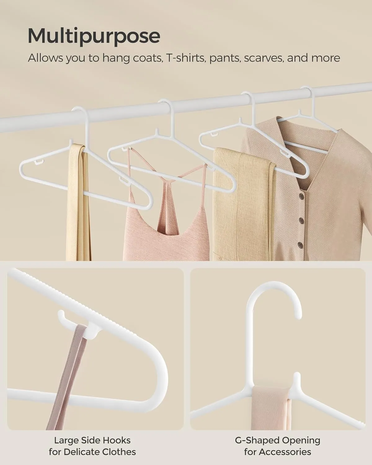 SONGMICS Plastic Hangers 50 Pack, Space-Saving Clothes Hangers, Lightweight Hangers, for Pants, Coats, Dresses, White UCRP009W50