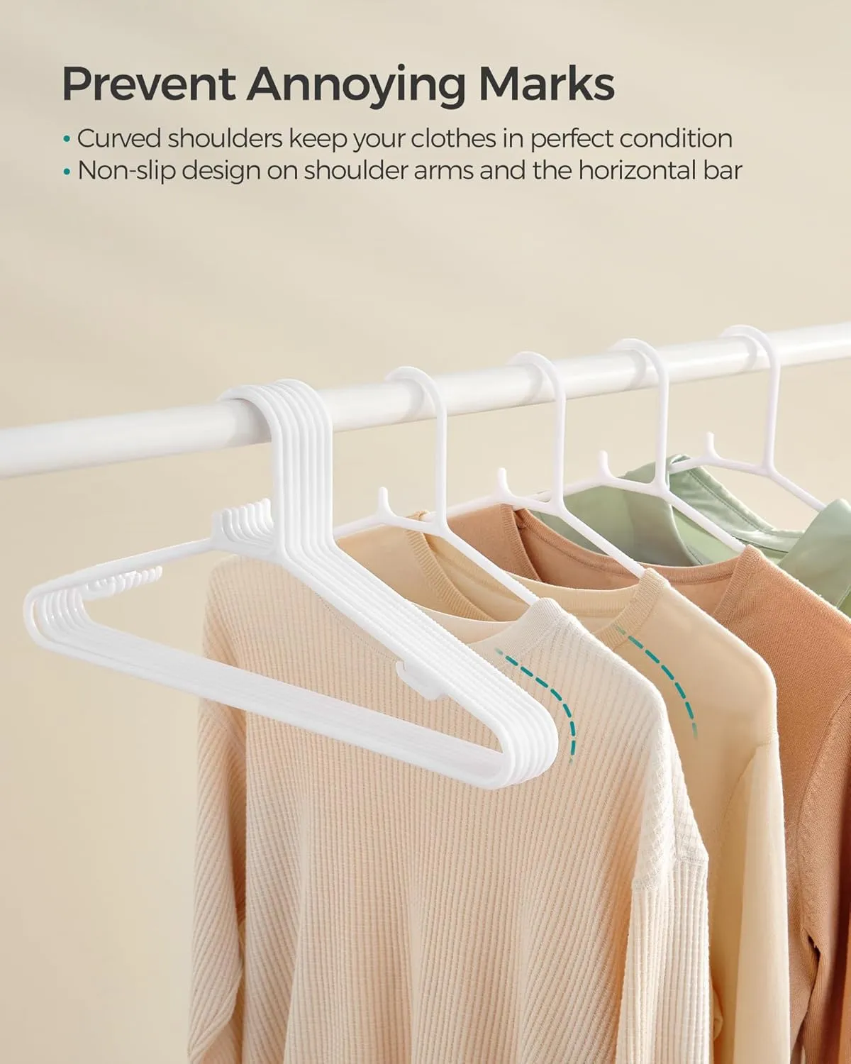 SONGMICS Plastic Hangers 50 Pack, Space-Saving Clothes Hangers, Lightweight Hangers, for Pants, Coats, Dresses, White UCRP009W50