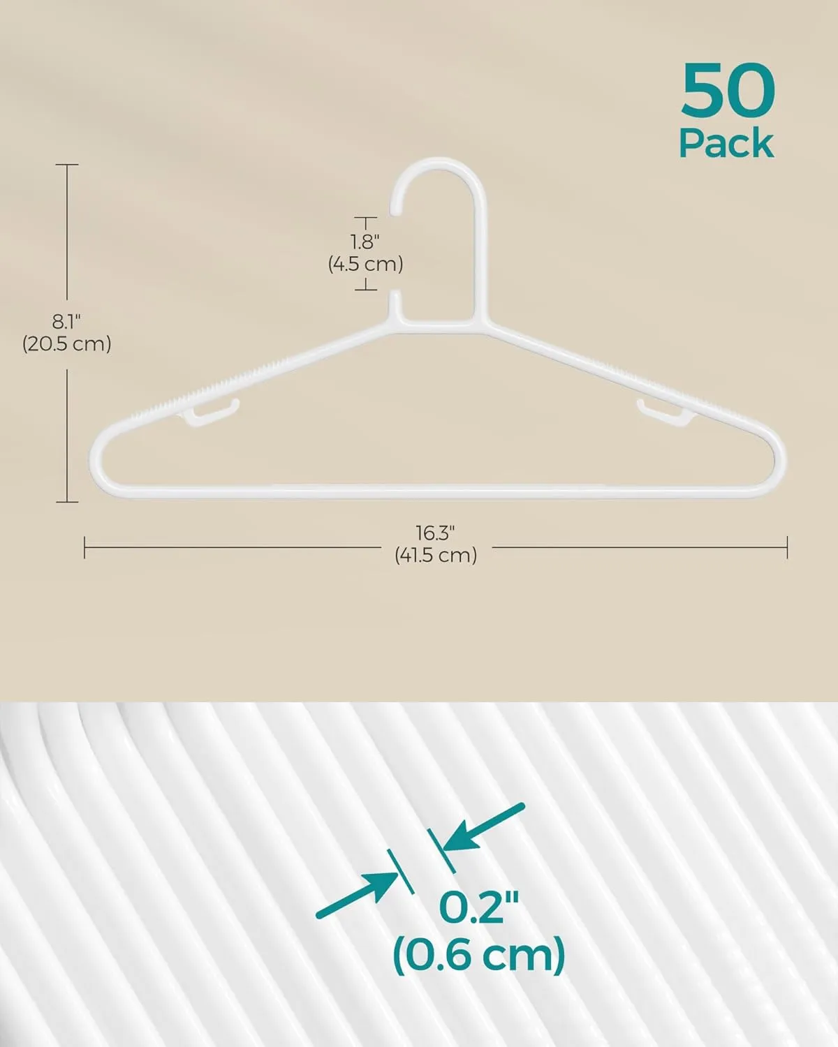 SONGMICS Plastic Hangers 50 Pack, Space-Saving Clothes Hangers, Lightweight Hangers, for Pants, Coats, Dresses, White UCRP009W50