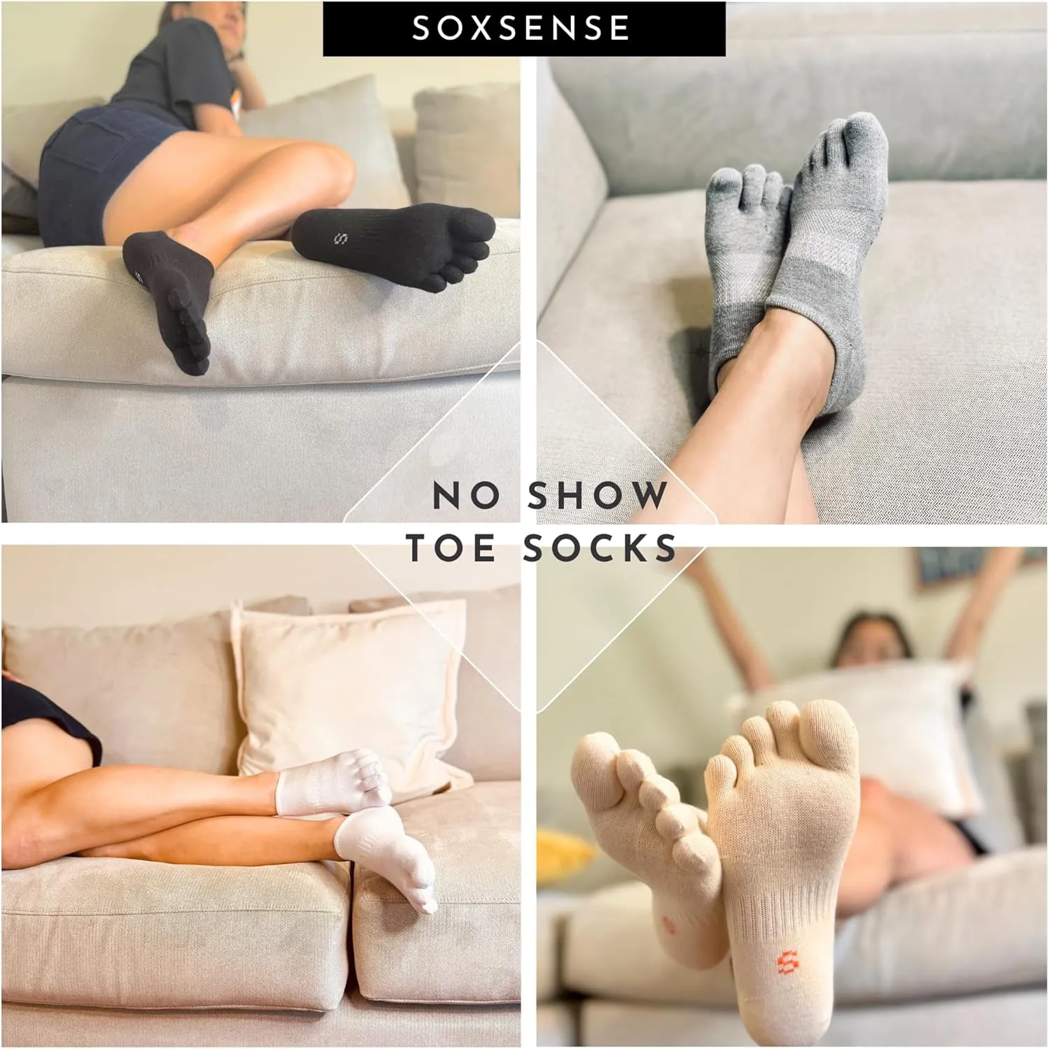 Soxsense No Show Toe Socks Premium Cotton for Women, Align Toes Five Finger Liner Low Cut Thin Socks for Bunion, (4 Pairs)