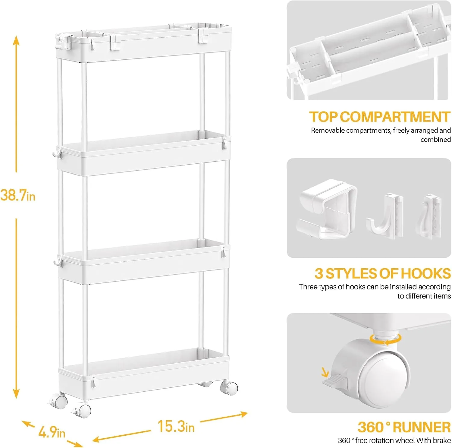 SPACELEAD Slim Storage Cart 4 Tier,Bathroom Organizer Rolling Utility, Mobile Shelving Unit Slide Out for Office, Kitchen, Laundry Room & Narrow Places,White
