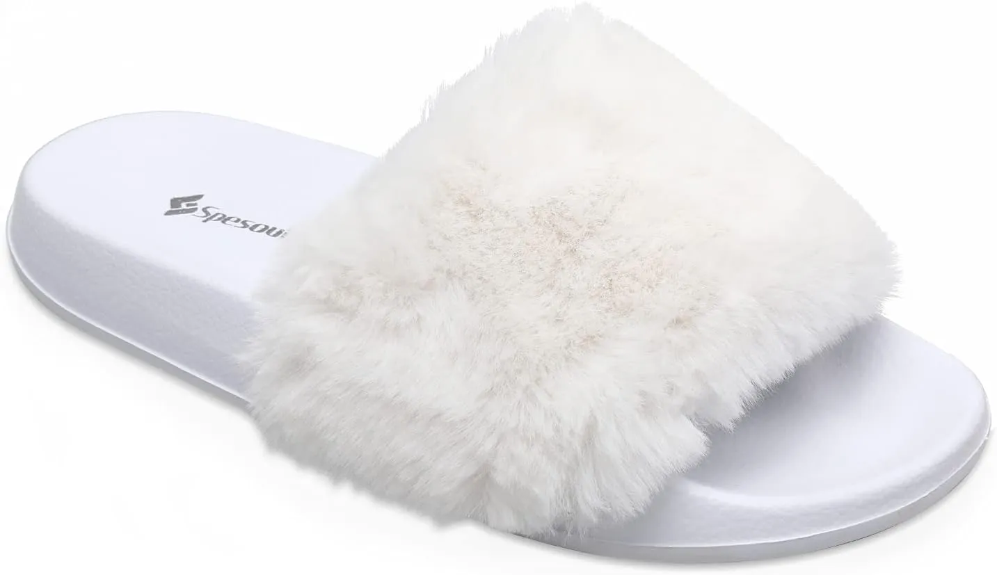 Spesoul Womens Fuzzy Slides Open Toe Furry Slide Slippers Indoor Outdoor Slides Sandals Casual Flat Fluffy House Slippers