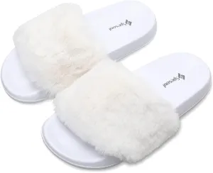 Spesoul Womens Fuzzy Slides Open Toe Furry Slide Slippers Indoor Outdoor Slides Sandals Casual Flat Fluffy House Slippers