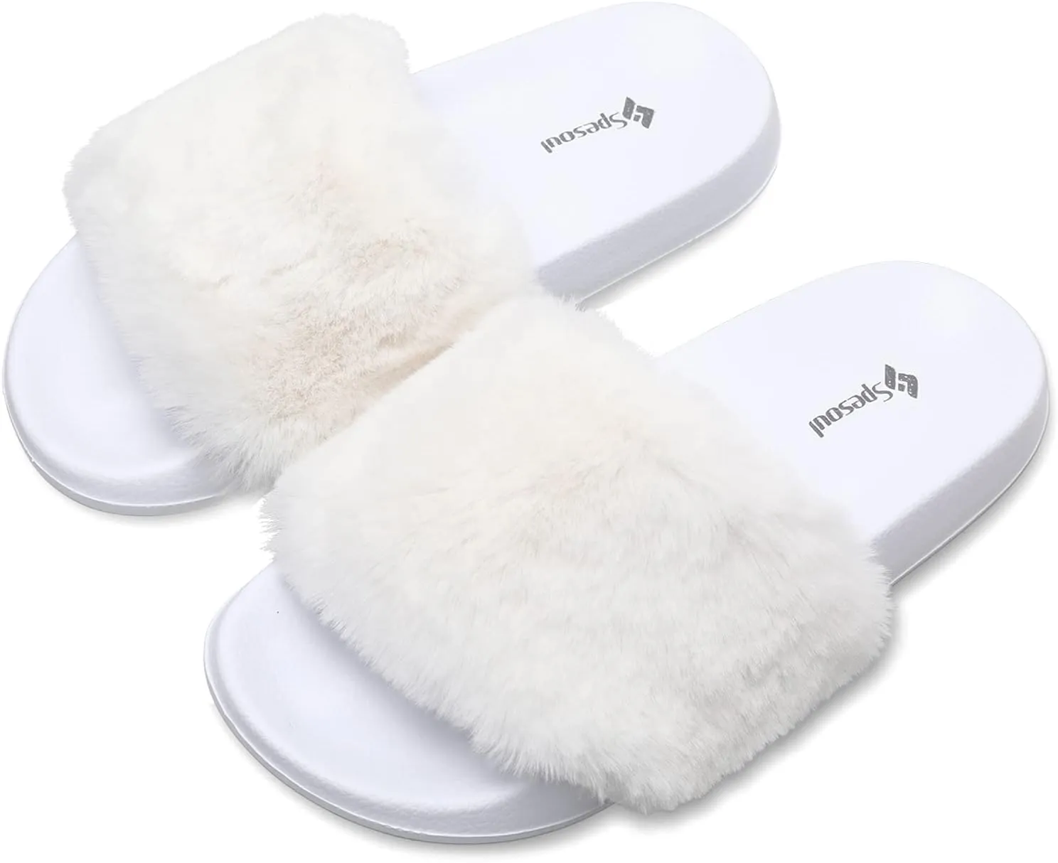 Spesoul Womens Fuzzy Slides Open Toe Furry Slide Slippers Indoor Outdoor Slides Sandals Casual Flat Fluffy House Slippers