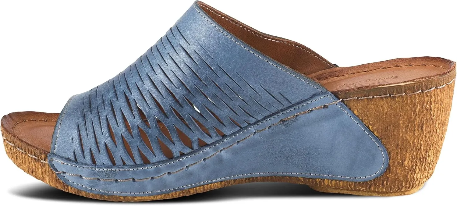 Spring Step Cunacena Women's Leather Slip On Wedge Sandal | Low Heel Sandals for Women with Die Cut Lattice, Stretch Upper, Breathable Lining