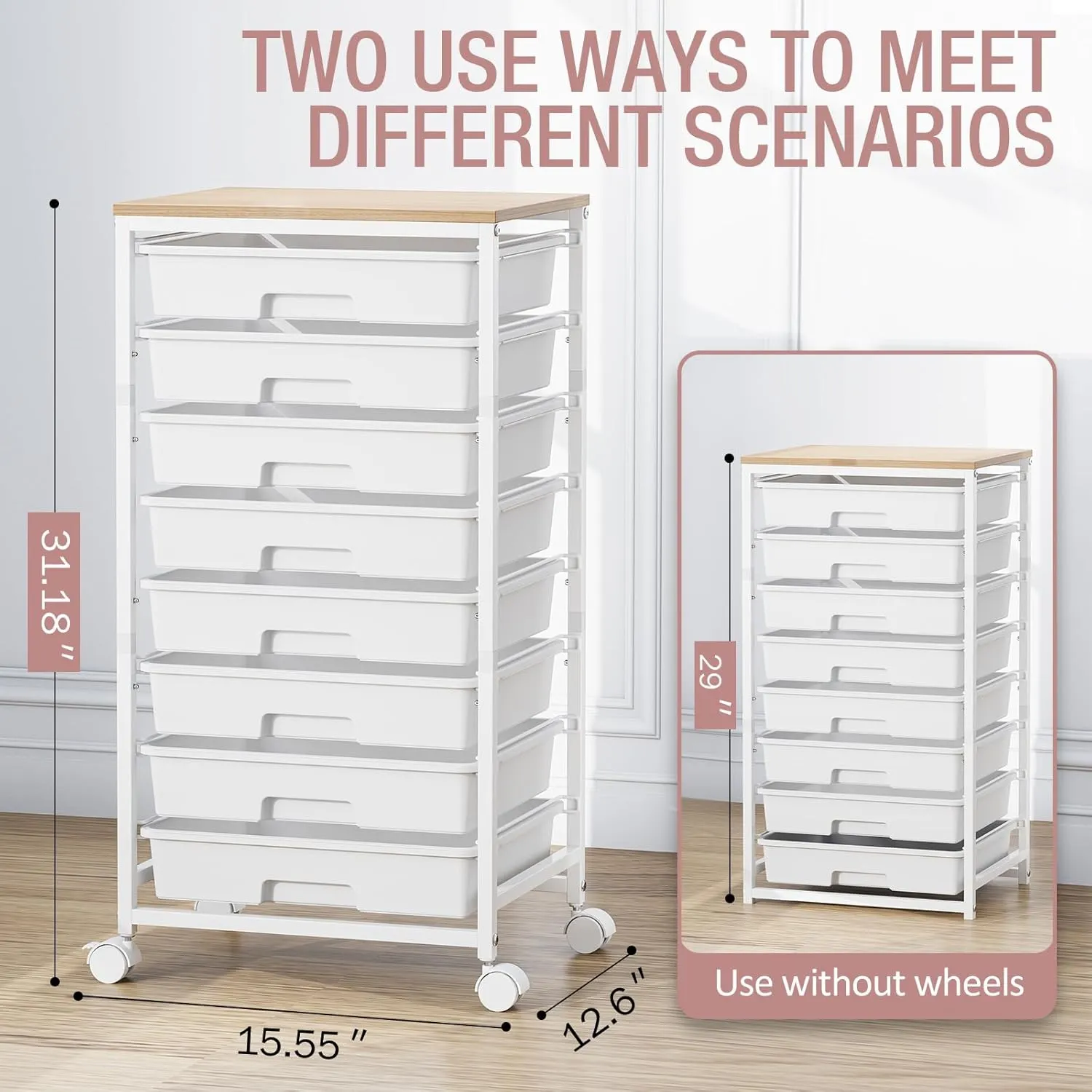 Storage Cart with 8 Drawers, Utility Cart with White Drawers and Wooden Tabletop, Craft Cart, Teacher Organization for Classroom,White