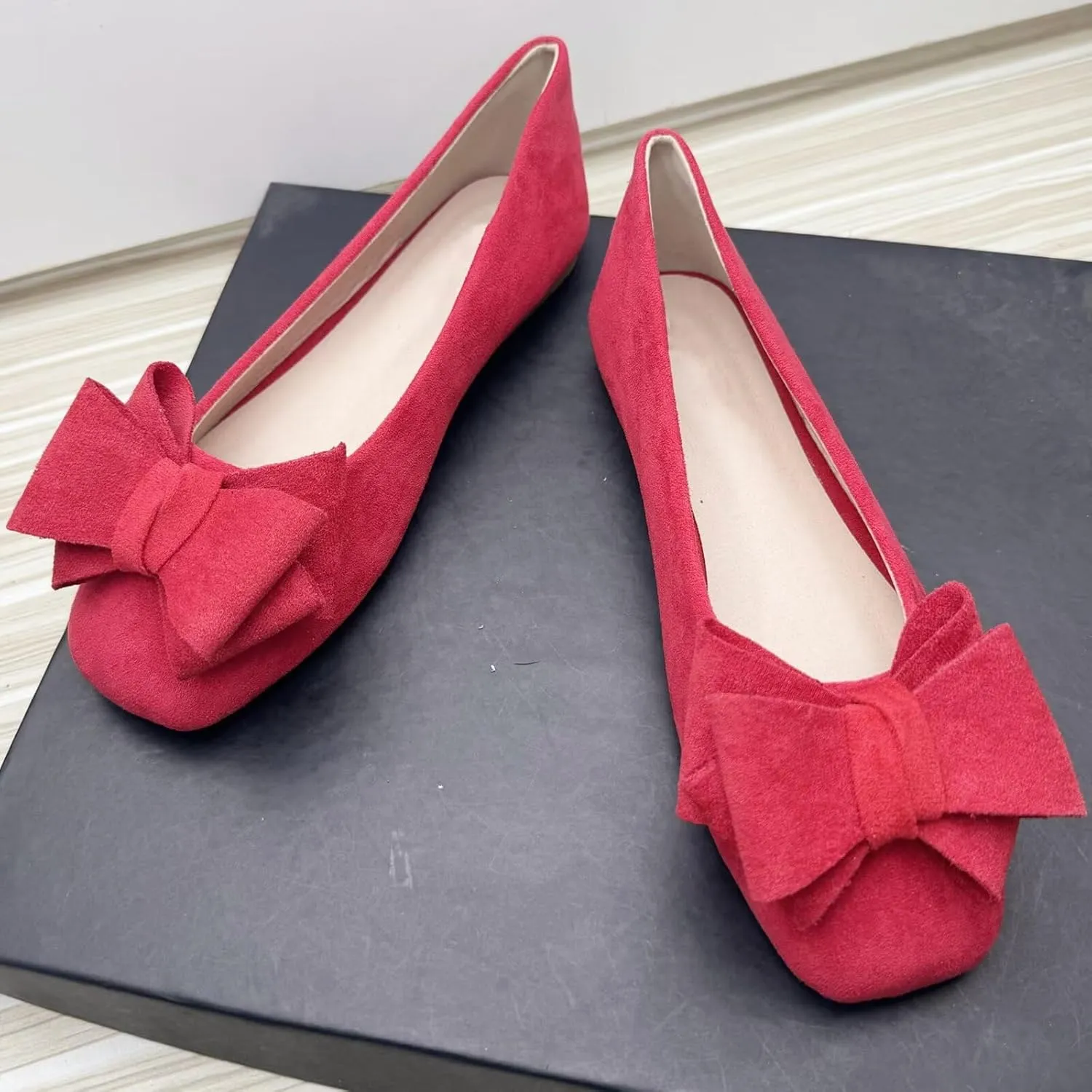 Stunner Womens Bowknot Ballet Flats Square Toe Casual Flats Comfortable Velvet Flats Slip On Work Flats