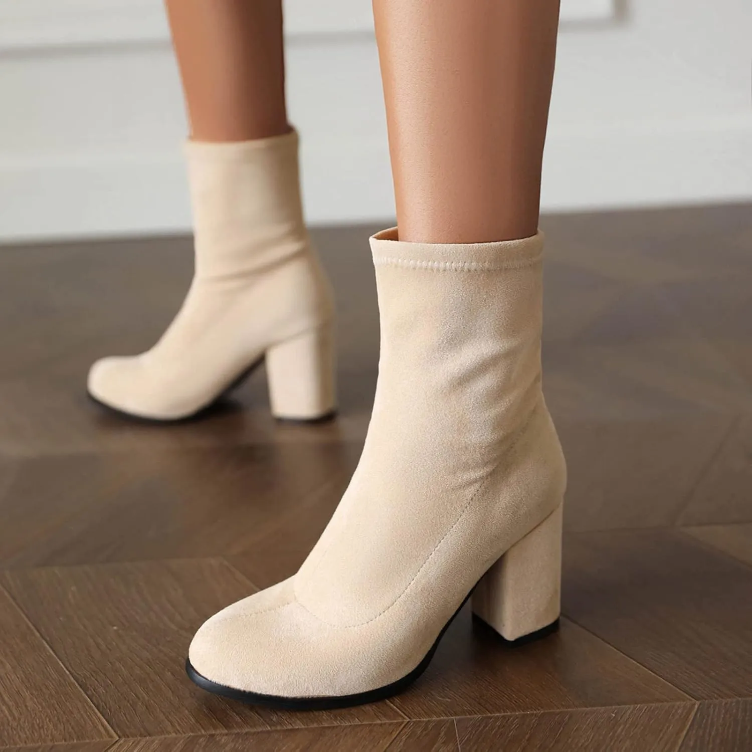 Suede Stretch Boots Women Classic Block Heels Slip On