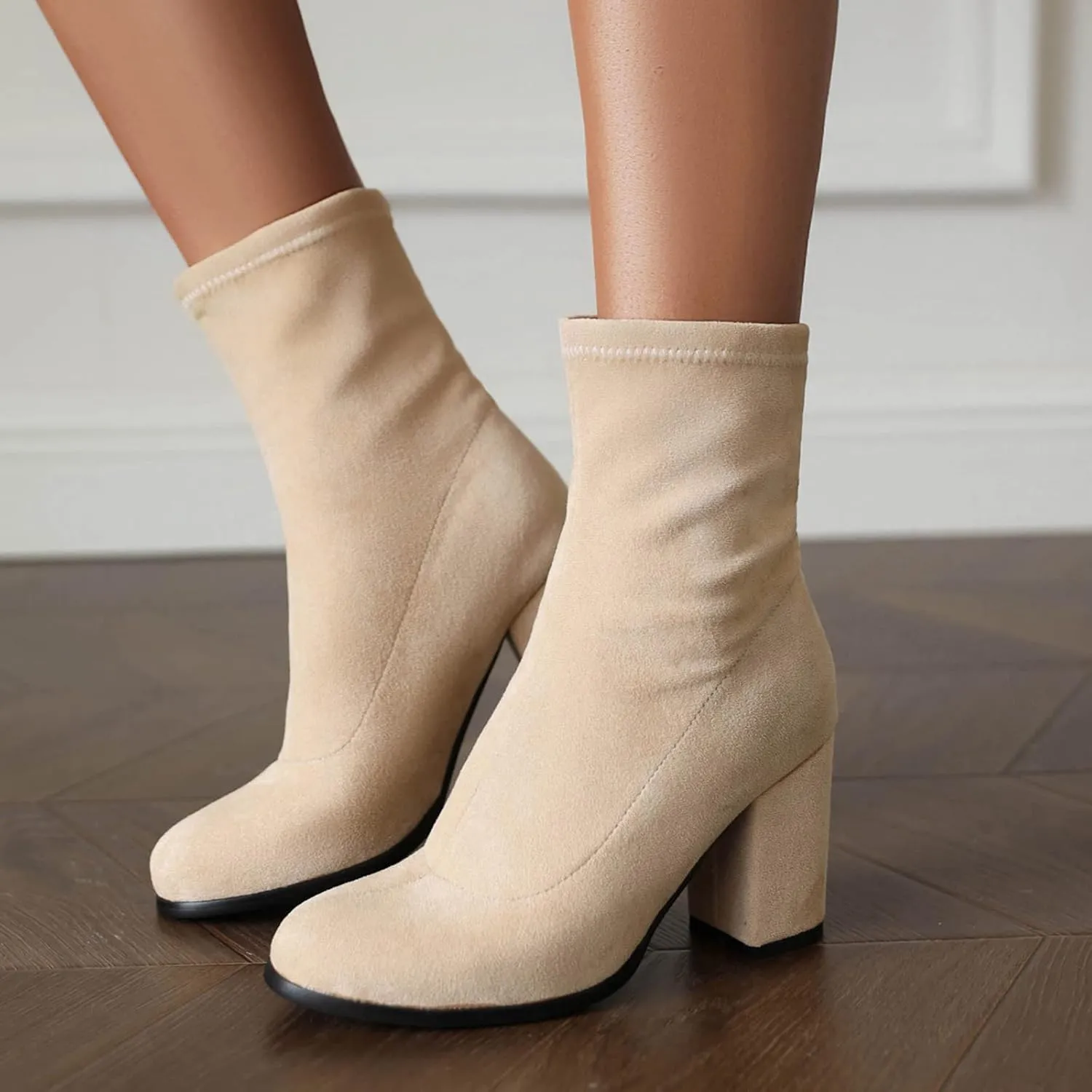 Suede Stretch Boots Women Classic Block Heels Slip On