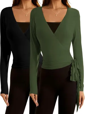 SweatyRocks Women's 2 Pack Long Sleeve Ballet Pilates Yoga Wrap Shirts Tie Front Workout Tops