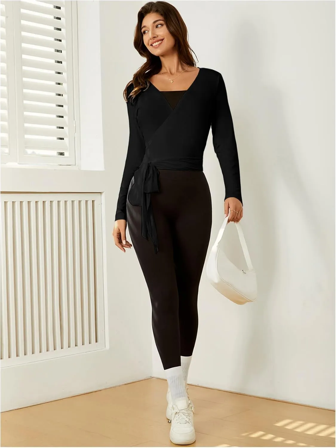 SweatyRocks Women's 2 Pack Long Sleeve Ballet Pilates Yoga Wrap Shirts Tie Front Workout Tops