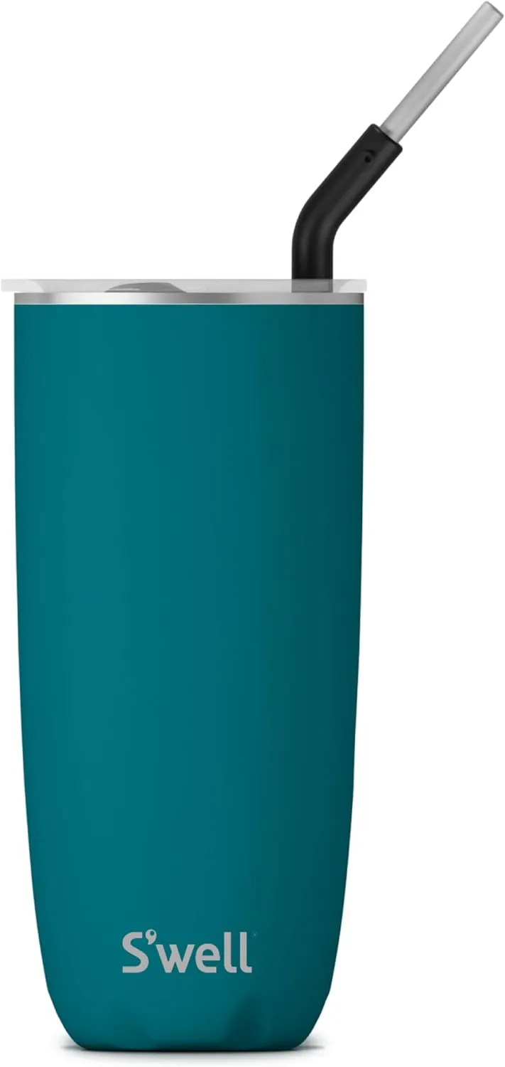 S'well Stainless Steel Tumbler with Straw and Slide-Open Lid, 24oz, Peacock Blue, Triple Layered Vacuum Insulated Containers Keeps Drinks Cold for 18 Hours and Hot for 5, BPA Free