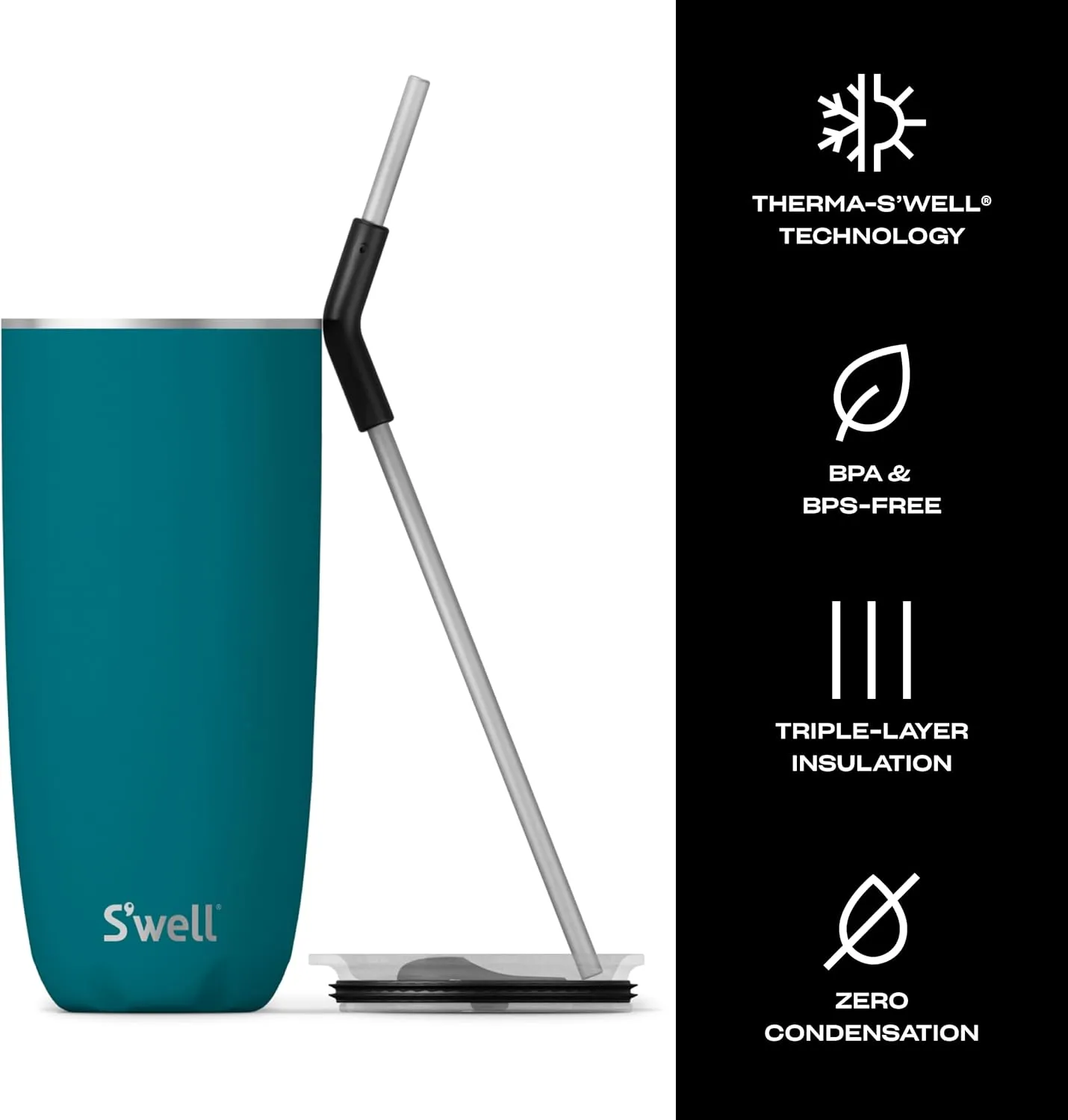 S'well Stainless Steel Tumbler with Straw and Slide-Open Lid, 24oz, Peacock Blue, Triple Layered Vacuum Insulated Containers Keeps Drinks Cold for 18 Hours and Hot for 5, BPA Free