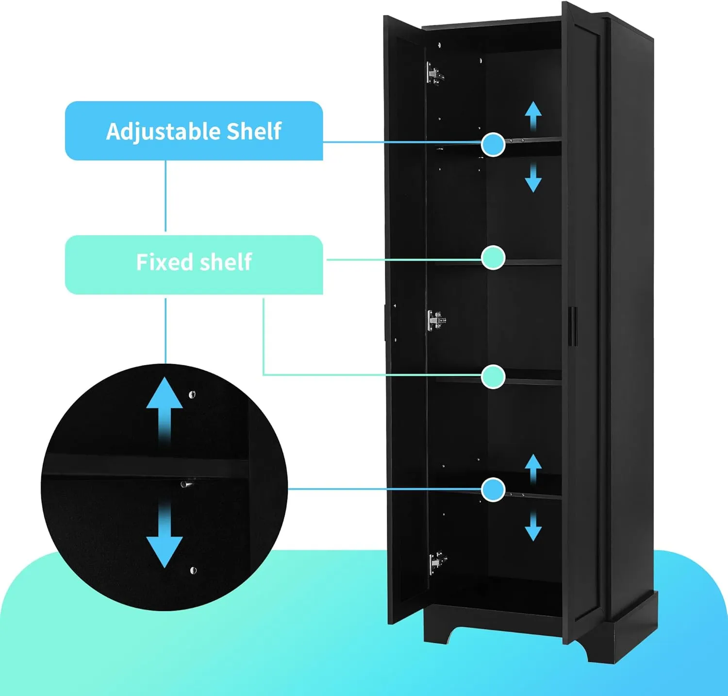 Tall Storage Cabinet, Bathroom Floor Freestanding Storage Cabinet with 2 Doors, 5 Shelves, and Adjustable Shelves for Bathroom, Office, Living Room, Black