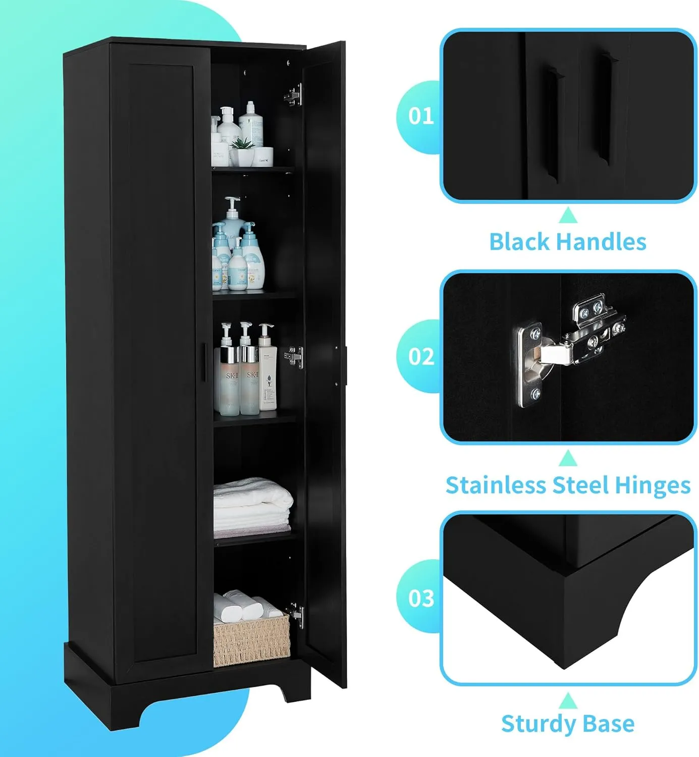 Tall Storage Cabinet, Bathroom Floor Freestanding Storage Cabinet with 2 Doors, 5 Shelves, and Adjustable Shelves for Bathroom, Office, Living Room, Black