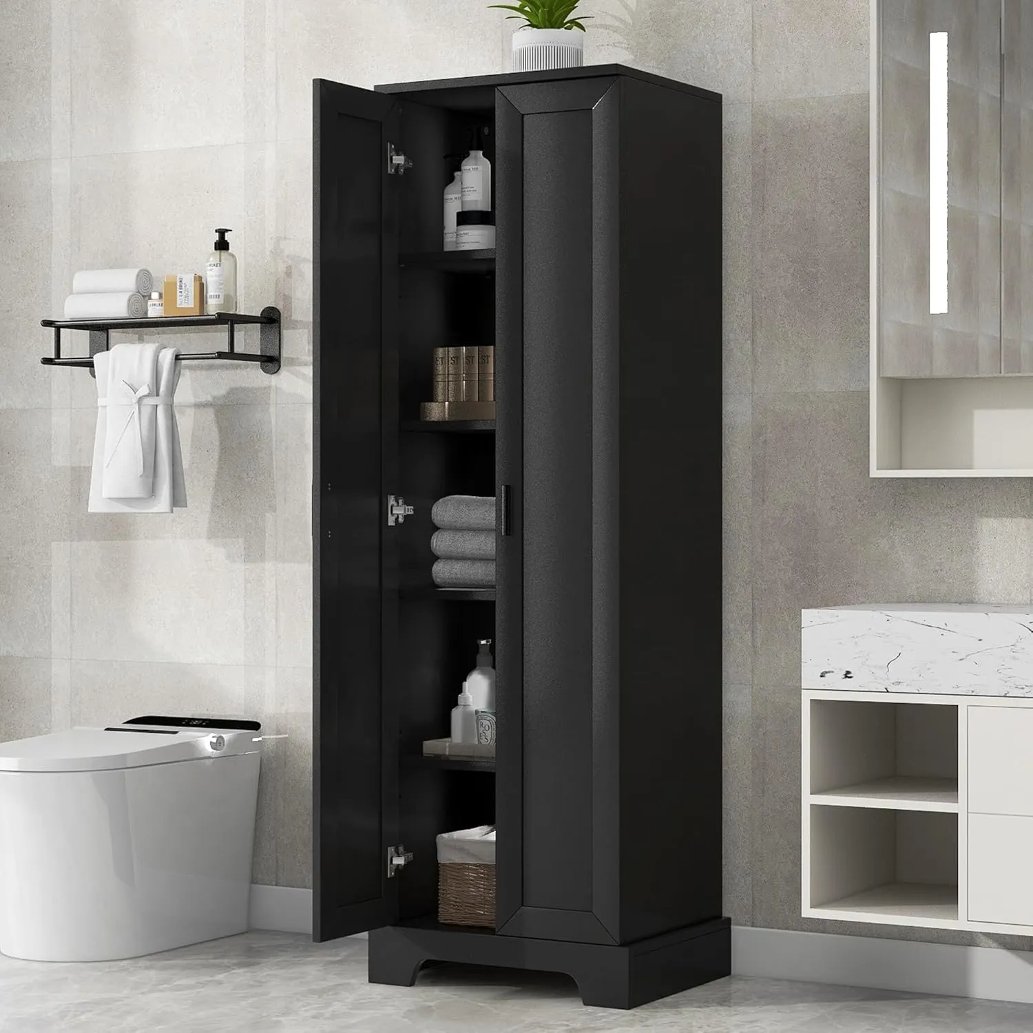 Tall Storage Cabinet, Bathroom Floor Freestanding Storage Cabinet with 2 Doors, 5 Shelves, and Adjustable Shelves for Bathroom, Office, Living Room, Black