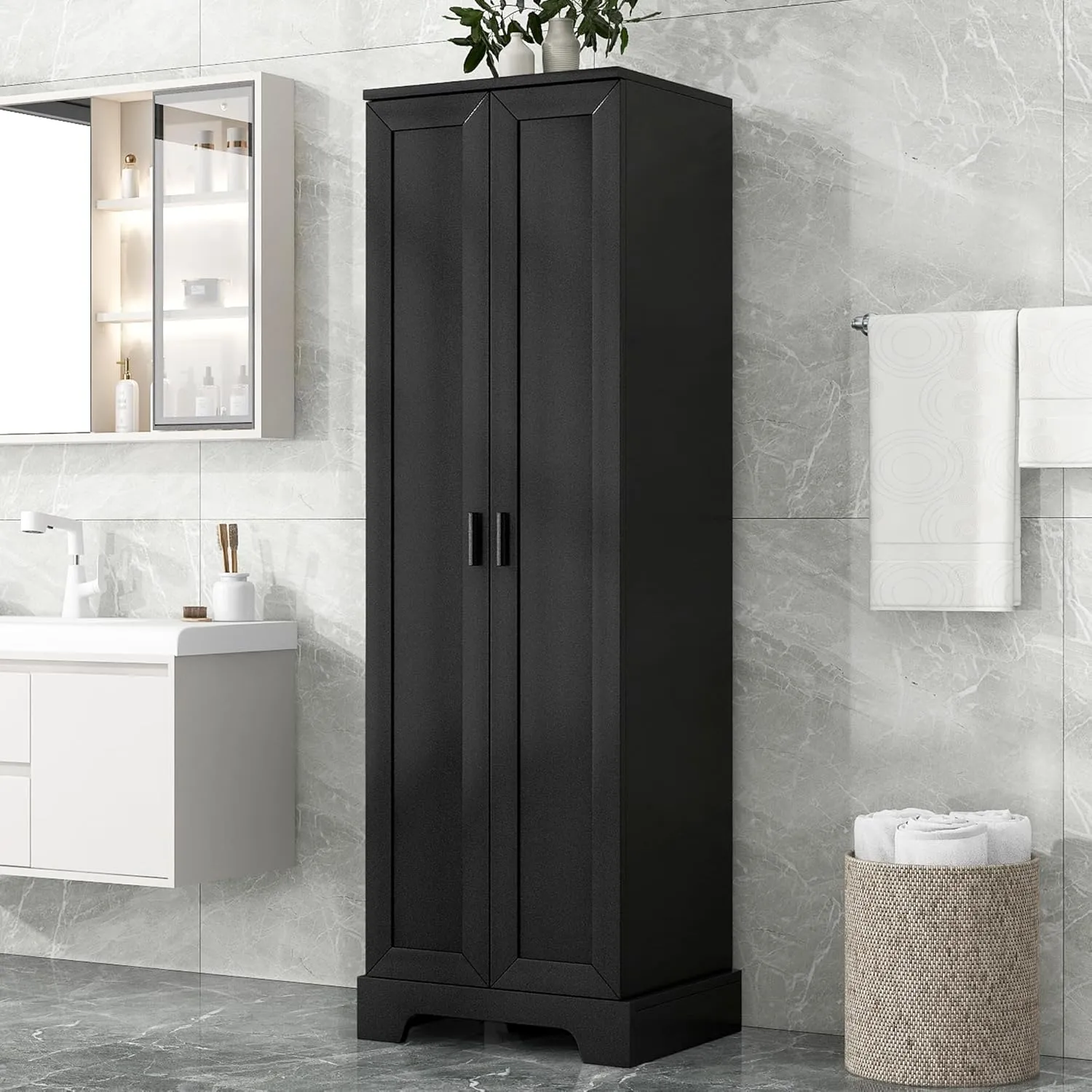Tall Storage Cabinet, Bathroom Floor Freestanding Storage Cabinet with 2 Doors, 5 Shelves, and Adjustable Shelves for Bathroom, Office, Living Room, Black