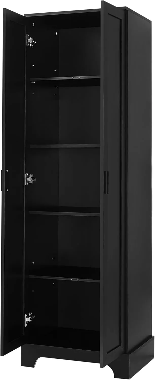 Tall Storage Cabinet, Bathroom Floor Freestanding Storage Cabinet with 2 Doors, 5 Shelves, and Adjustable Shelves for Bathroom, Office, Living Room, Black