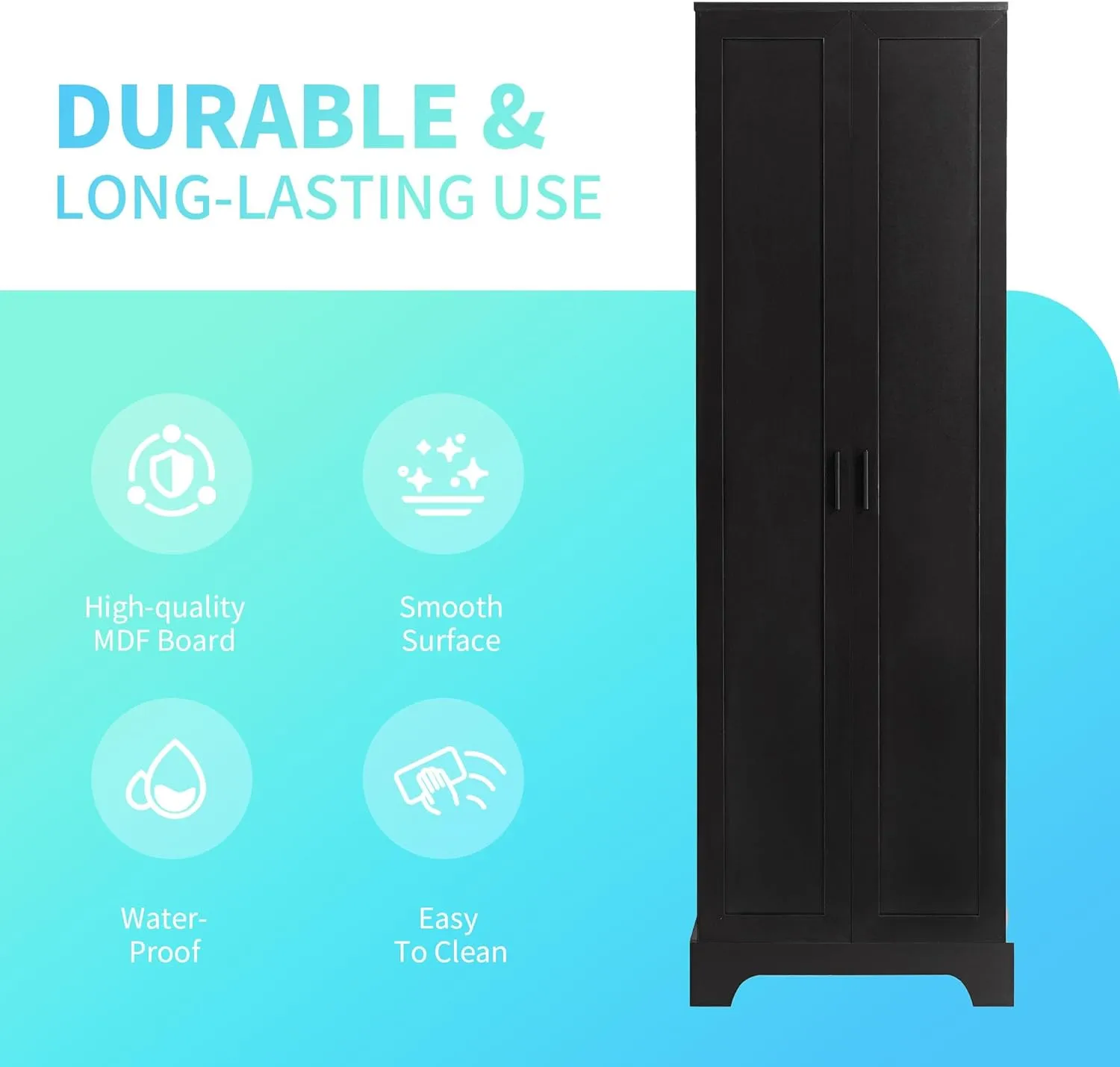 Tall Storage Cabinet, Bathroom Floor Freestanding Storage Cabinet with 2 Doors, 5 Shelves, and Adjustable Shelves for Bathroom, Office, Living Room, Black