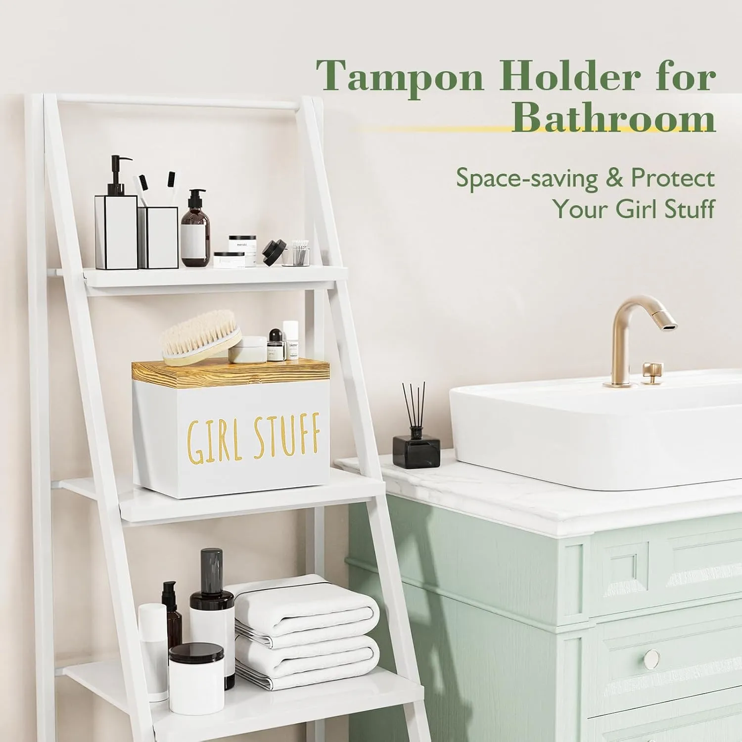 Tampon Holder for Bathroom with Hinged Lid, Feminine Product Organizer, Bathroom Period Products, Toilet Organizer, Bathroom Accessories Box for Girl Stuff (White)