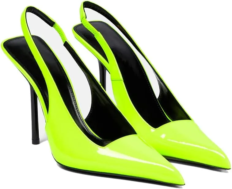 THESHY Women's Pointed Toe High Stiletto Heels Slingback Stretch Slip-on Pumps Backless Patent Leather Fashion Dress Shoes for Women