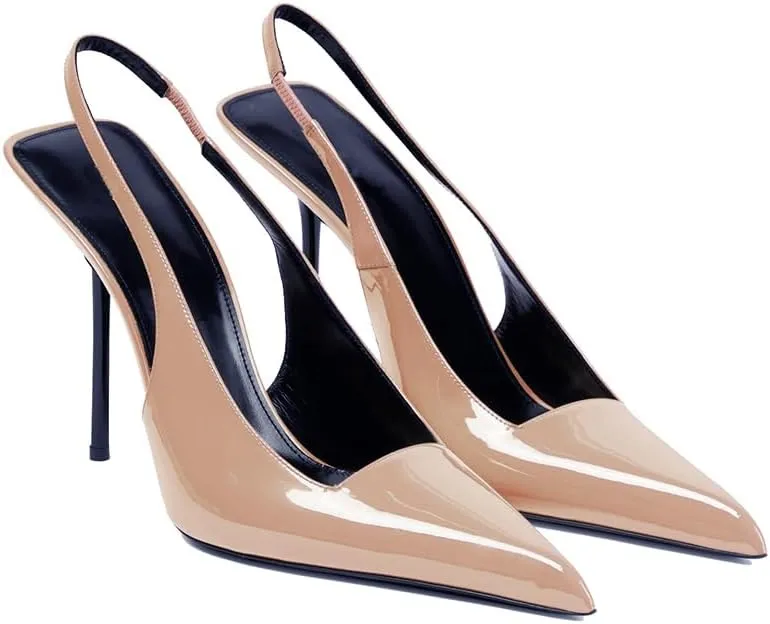 THESHY Women's Pointed Toe High Stiletto Heels Slingback Stretch Slip-on Pumps Backless Patent Leather Fashion Dress Shoes for Women