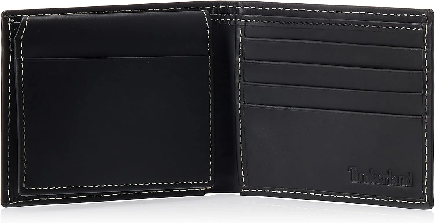 Timberland Men's Leather Wallet With Attached Flip Pocket, Black (Hunter), One Size