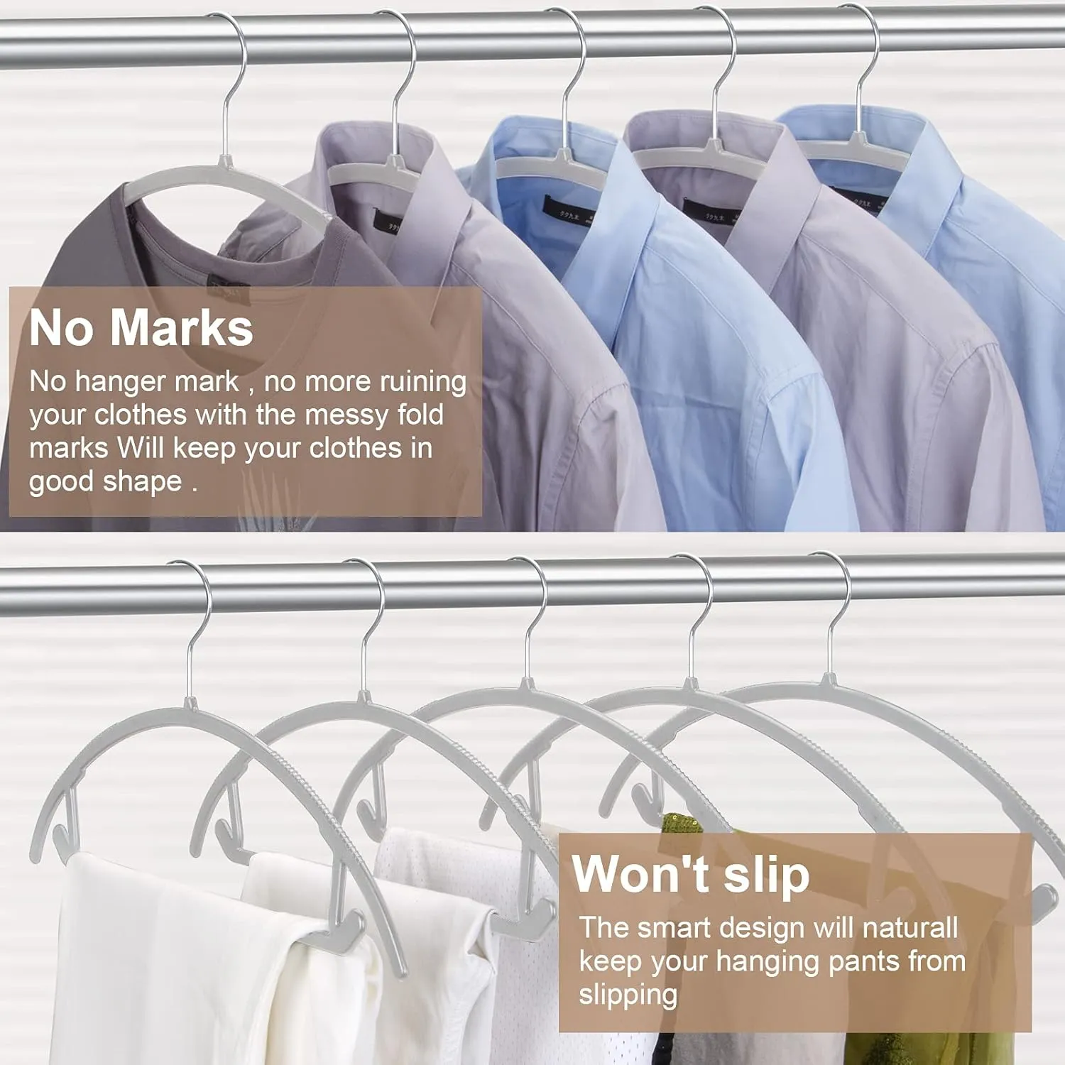 TIMMY Plastic Hangers 50 Pack No Shoulder Bump Suit Hangers Non Slip Space Saving Clothes Hangers Curved Design to Protect Clothes Shape(Grey)
