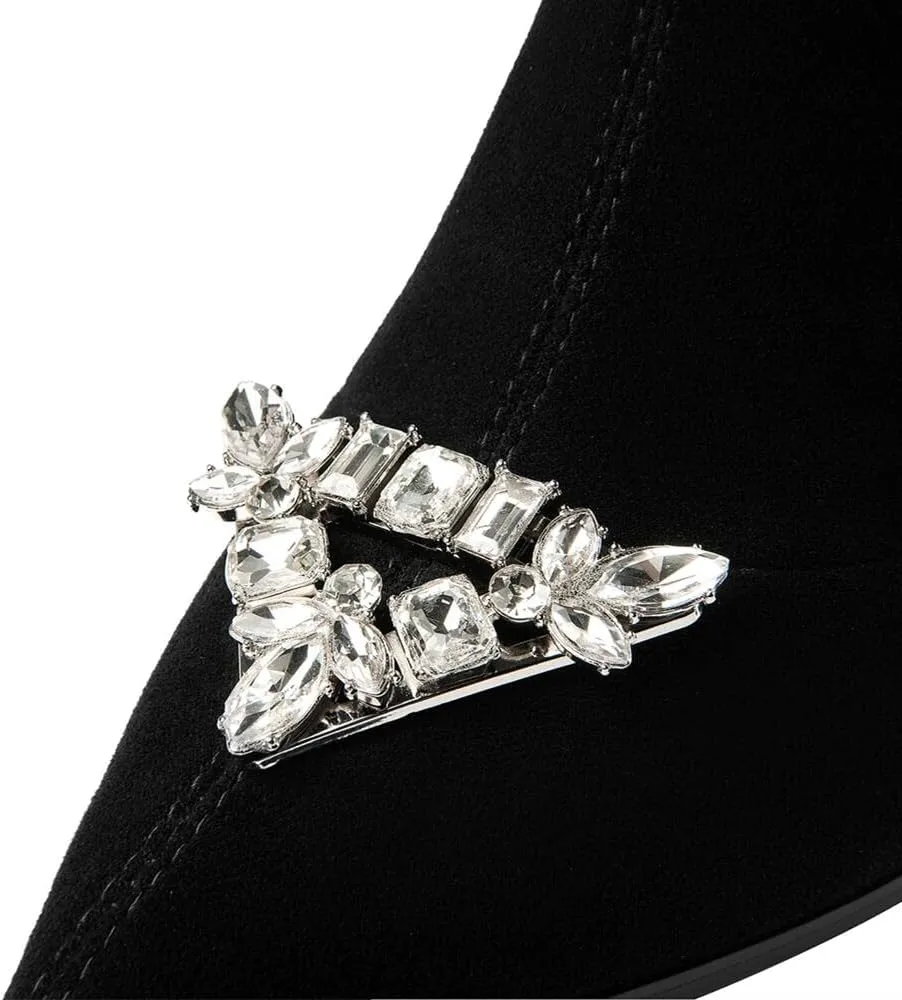 TinaCus Women's Genuine Leather Handmade Stretch Side Zip Up Décor Crystal Pointed Toe High Block Heel Ankle Boots