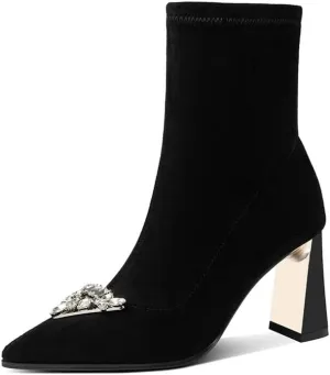 TinaCus Women's Genuine Leather Handmade Stretch Side Zip Up Décor Crystal Pointed Toe High Block Heel Ankle Boots
